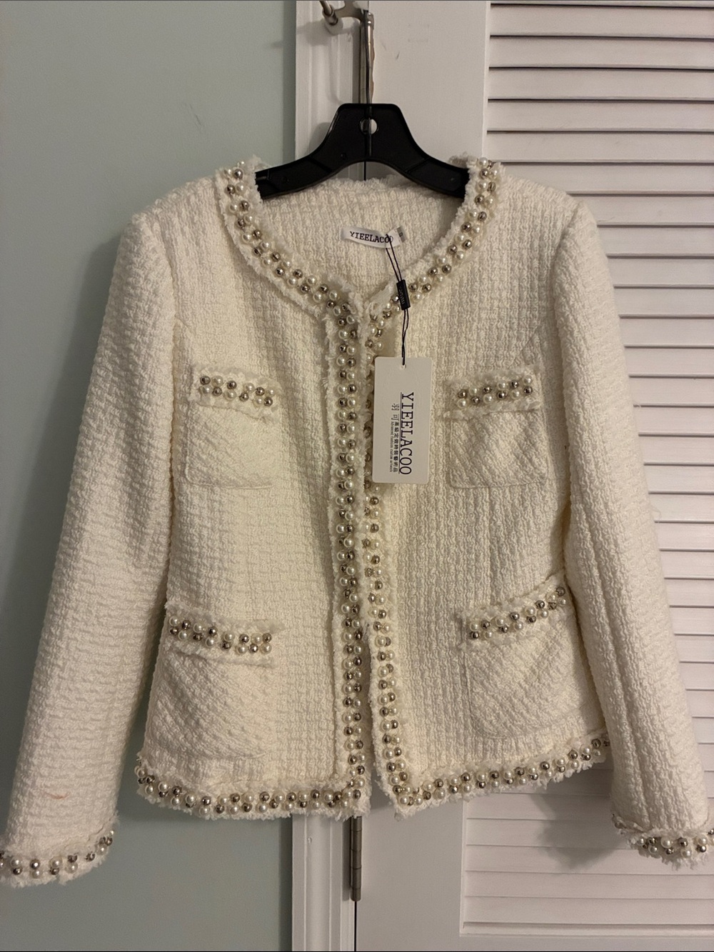 NWT Women's Cream Pearl-Trim Tweed Jacket. Size S.